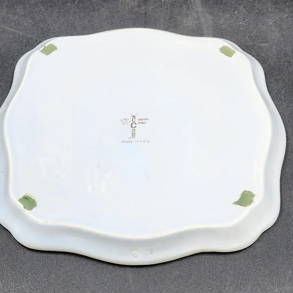 Faenza Italy Garofano Carnation Ceramic Dish Green Trim Garden Scene 8